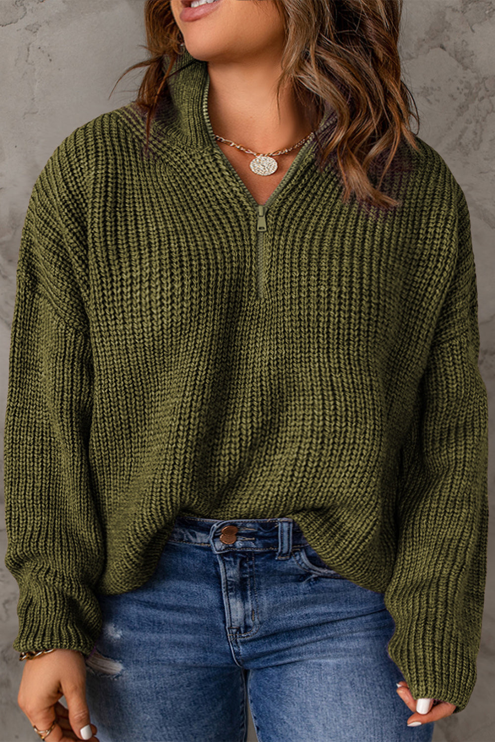 Green Quarter-Zip Thermal Plus Size Sweater Plus Size JT's Designer Fashion