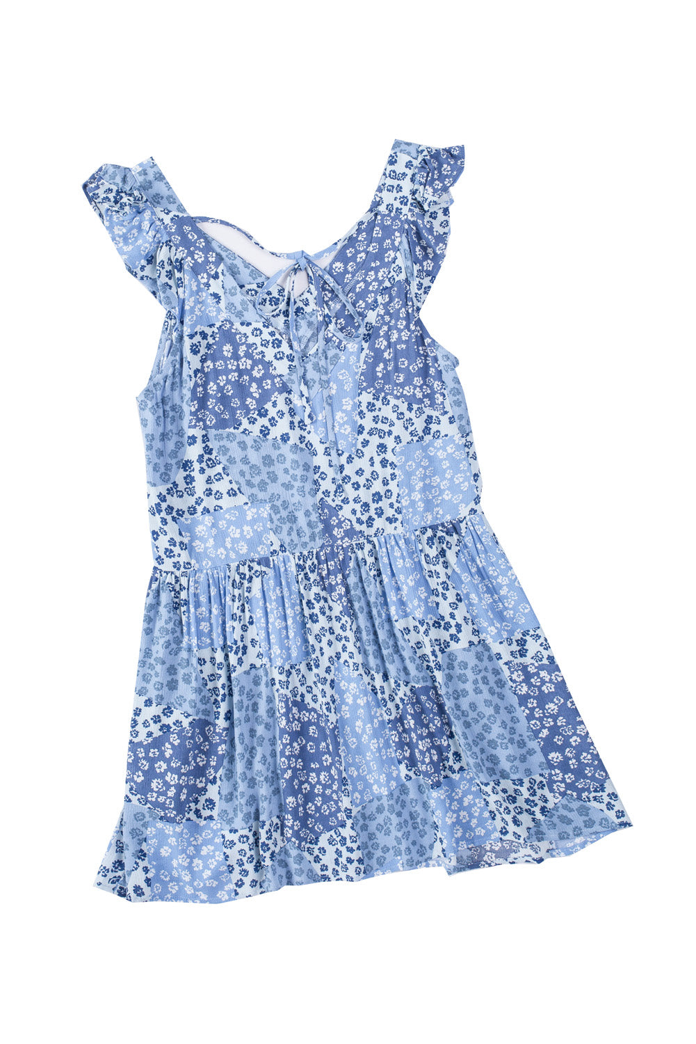 Sky Blue Floral Print Lace-up Open Back Ruffled V Neck Babydoll Dress Floral Dresses JT's Designer Fashion