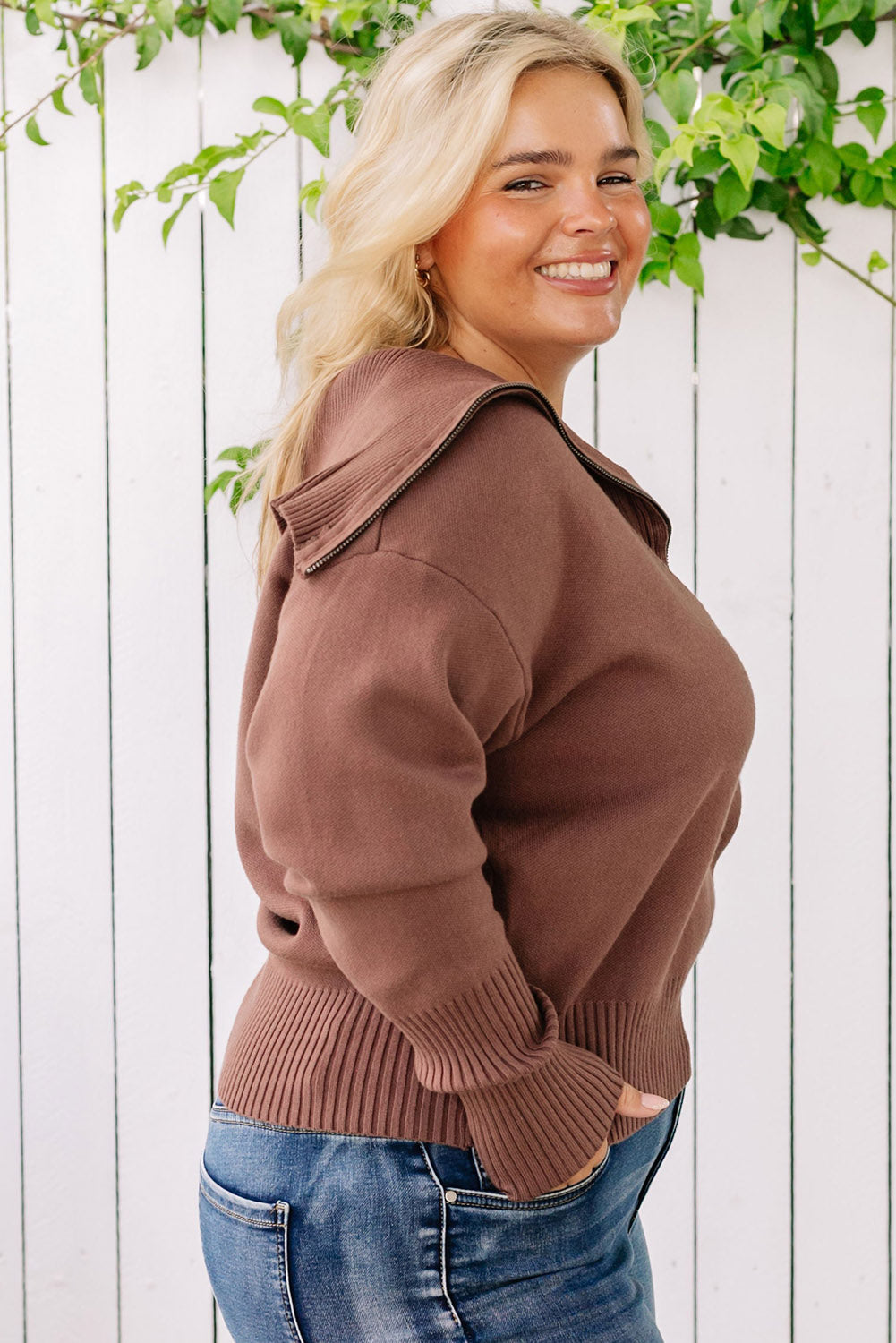 Brown Solid Ribbed Trim Plus Size Zip Collar Sweater Plus Size JT's Designer Fashion