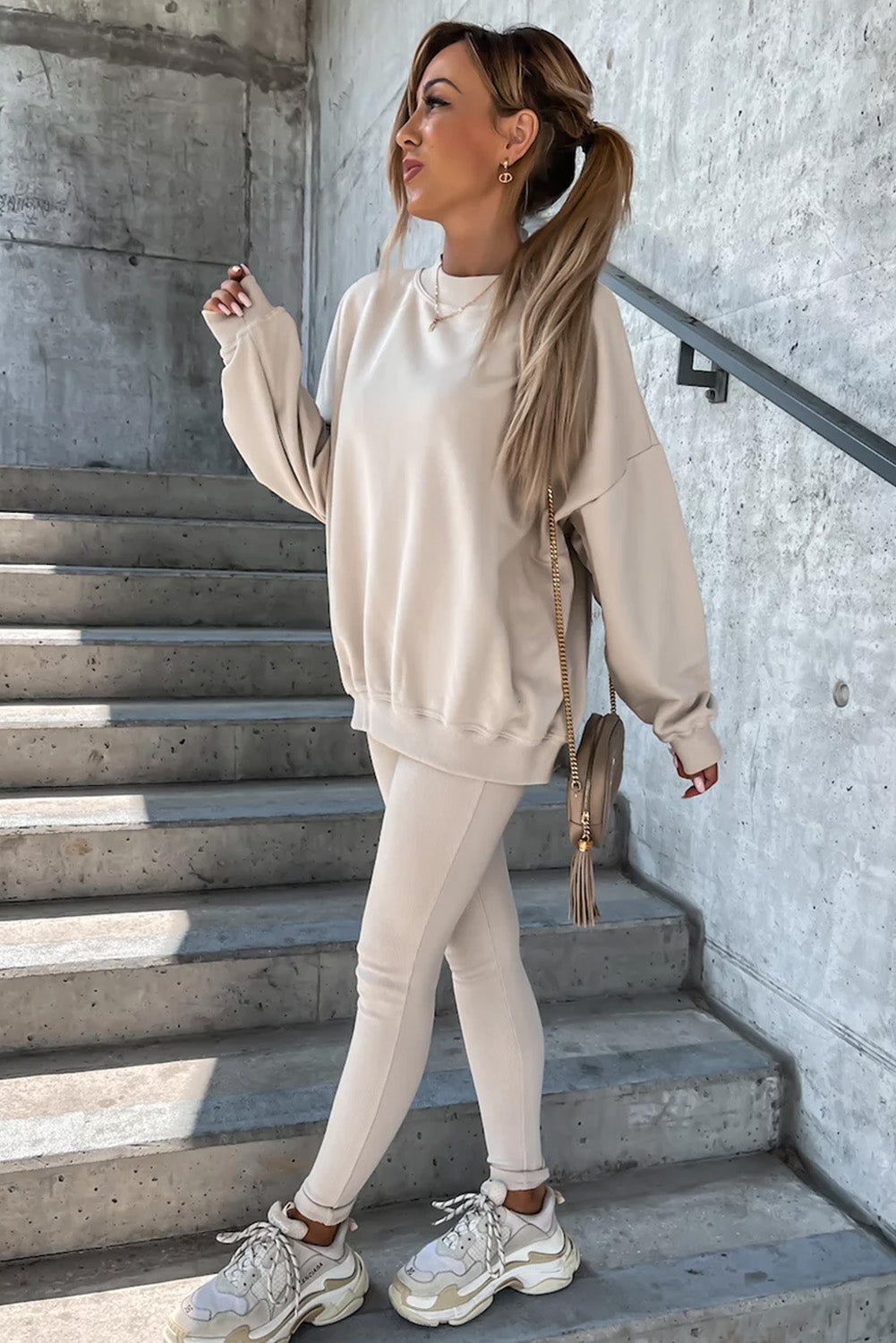 Beige Solid Sweatshirt and Leggings Two Piece Set Bottoms JT's Designer Fashion