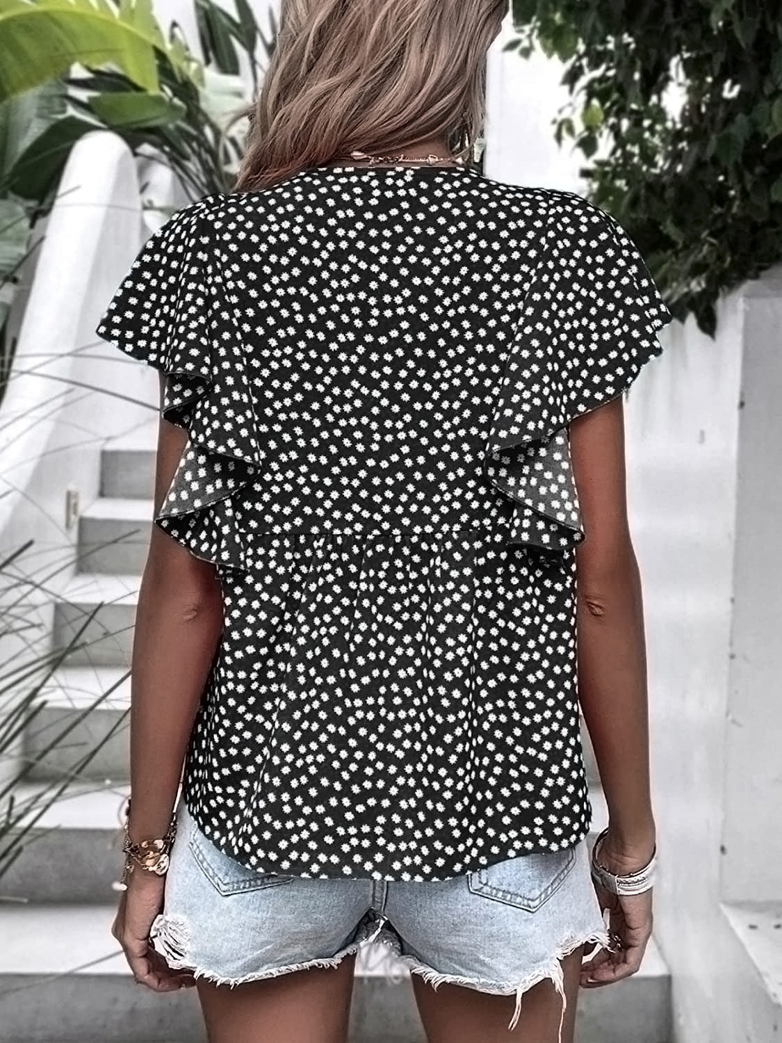 Black Floral Print Ruffle Sleeve Blouse Blouses & Shirts JT's Designer Fashion