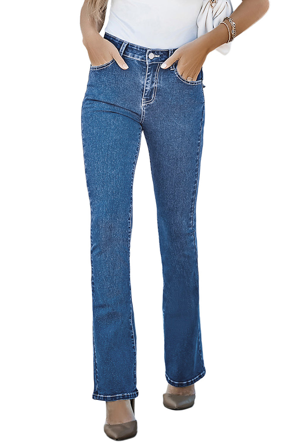 Blue Flap Pocket Back High Waist Flared Jeans Jeans JT's Designer Fashion