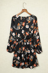 Black Plus Size Drawstring Long Sleeve Floral Dress Plus Size Dresses JT's Designer Fashion