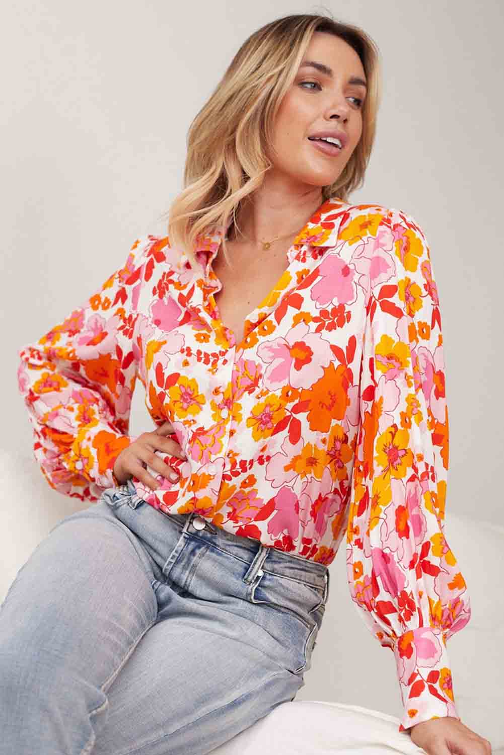 Orange Floral Bishop Sleeve Button Up Shirt Tops & Tees JT's Designer Fashion