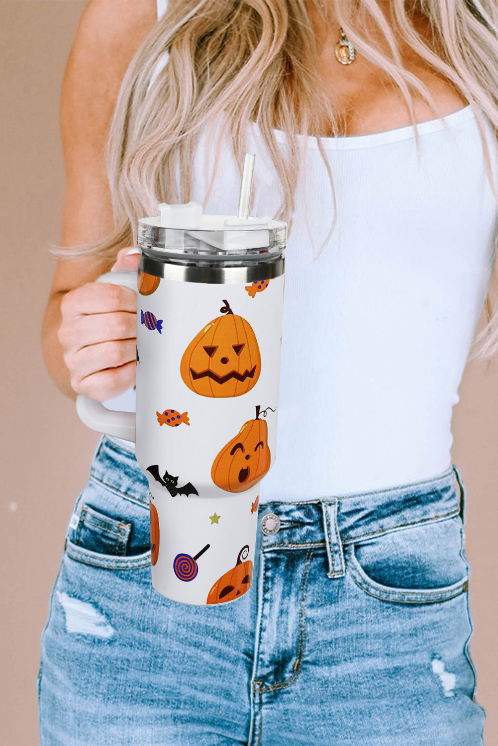 Bright White 40oz Halloween Print 304 Stainless Steel Thermos Cup Tumblers JT's Designer Fashion