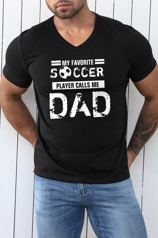 Black SOCCER DAD Letter Graphic Print V Neck T Shirt Black 65%Polyester+30%Cotton+5%Elastane Men's Tops JT's Designer Fashion