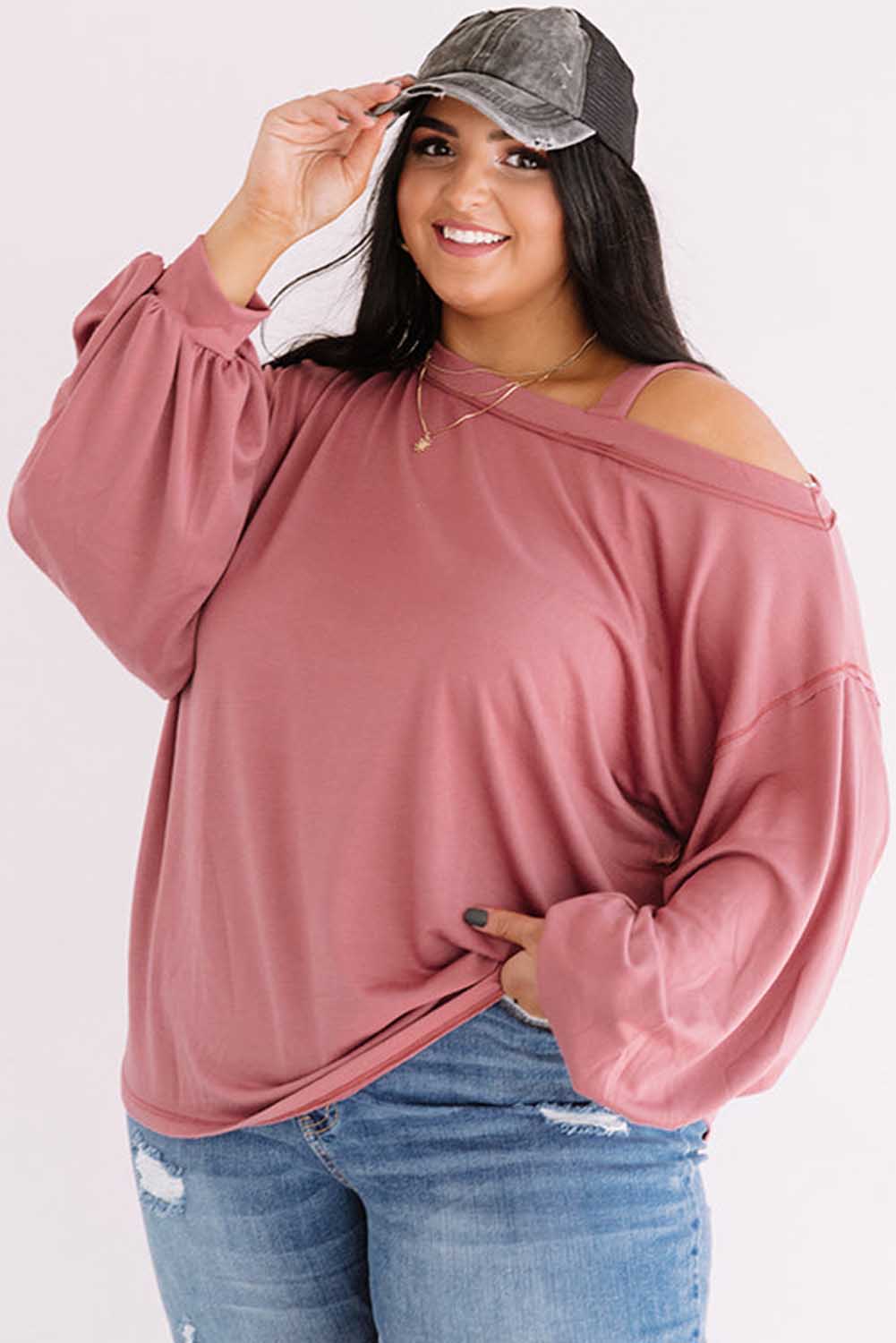 Pink Asymmetric Cold Shoulder Puff Sleeve Plus Size Top Plus Size JT's Designer Fashion