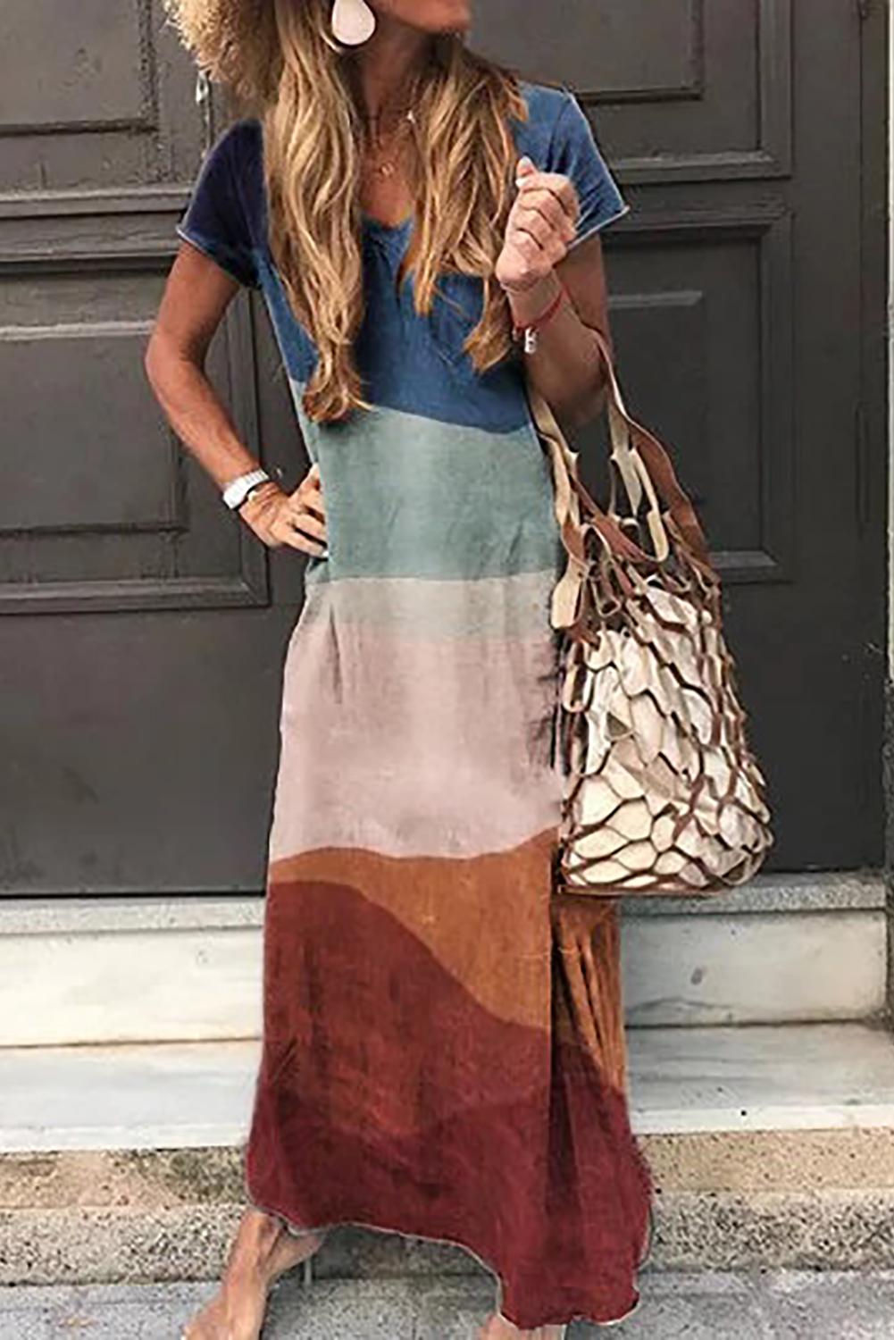 Multicolor Casual Boho V Neck Short Sleeve Maxi Dress Maxi Dresses JT's Designer Fashion