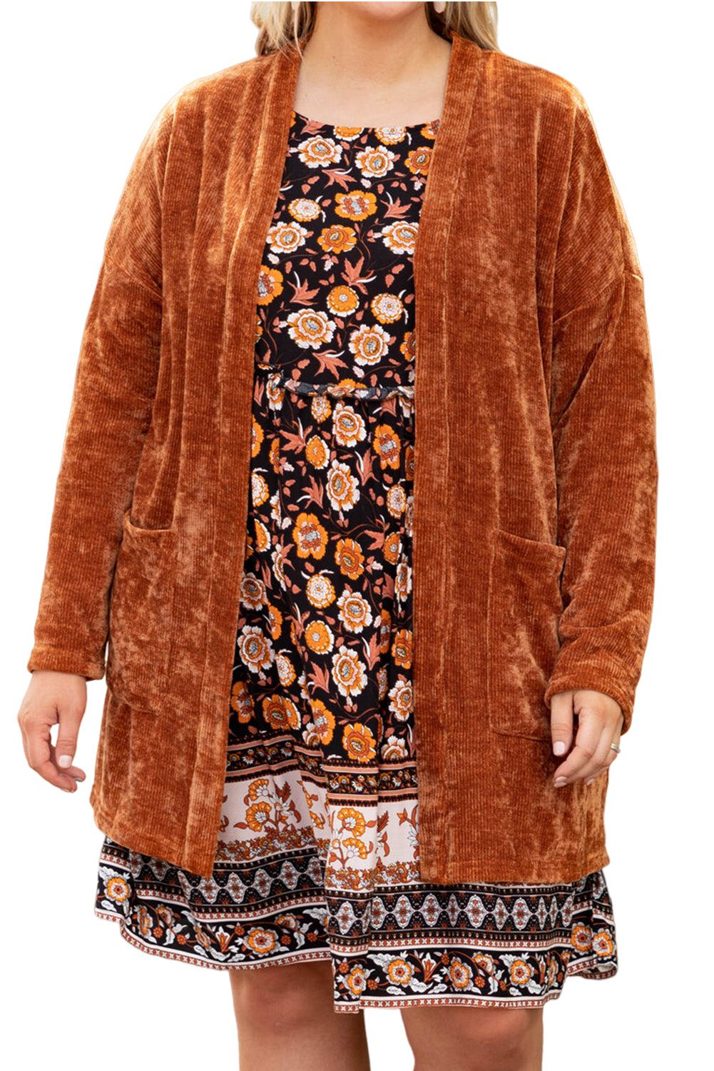 Gold Flame Plus Size Ribbed Open Front Pocketed Cardigan Plus Size JT's Designer Fashion