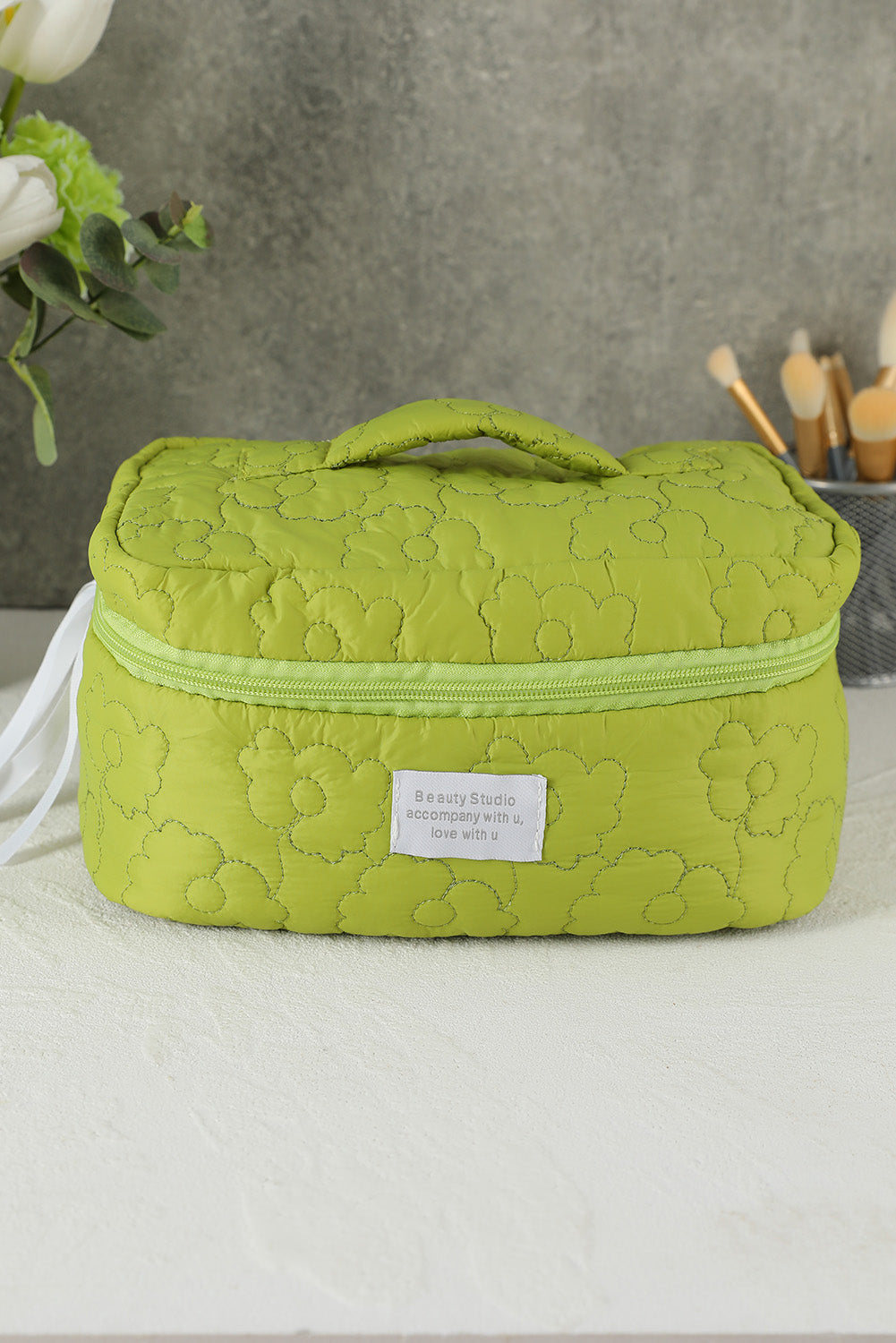 Green Floral Quilted Letter Patch Zipped Travel Cosmetic Bag Other Accessories JT's Designer Fashion