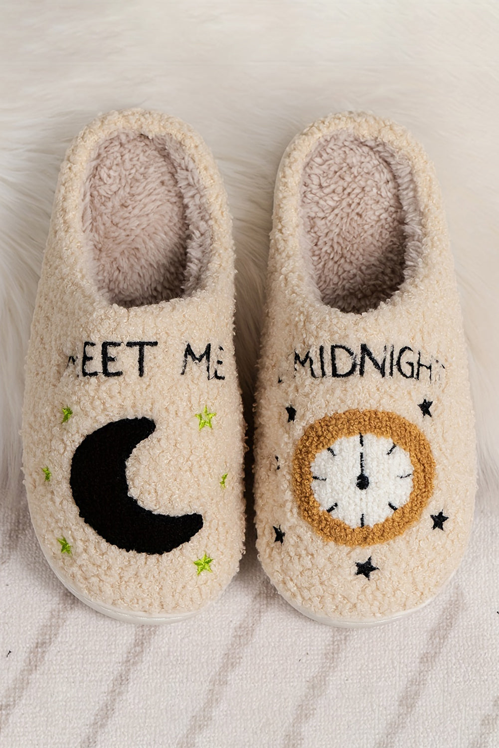 Parchment Moon & Clock Pattern Fuzzy Home Slippers Slippers JT's Designer Fashion