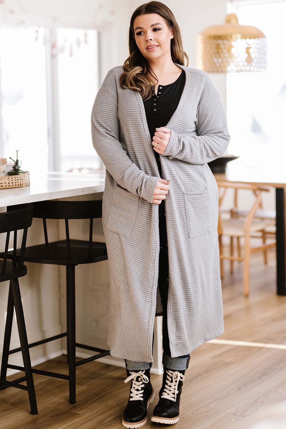 Gray Plus Size Waffle Knit Pocketed Long Cardigan Plus Size JT's Designer Fashion