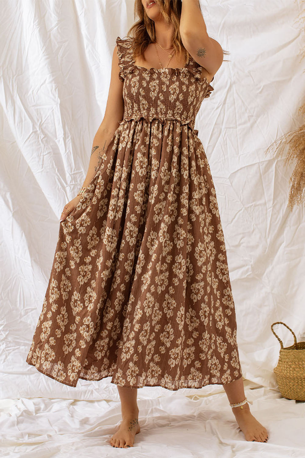 Brown Ruffled Straps Smocked Floral Maxi Dress Floral Dresses JT's Designer Fashion