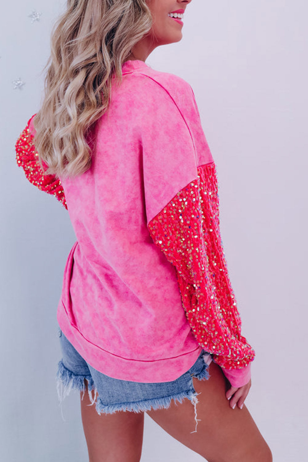 Strawberry Pink Sequin Sleeve Contrast Mineral Washed Sweatshirt Pre Order Sweatshirts & Hoodies JT's Designer Fashion