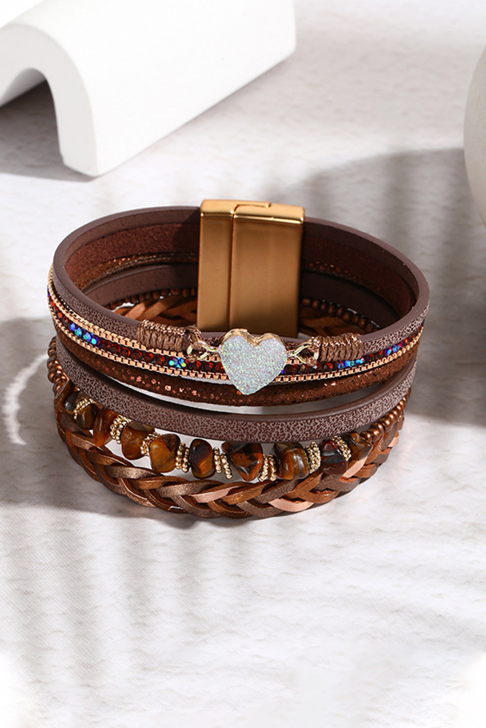 Brown Glittering Heart Accent Multi-layer Vintage PU Bracelet Jewelry JT's Designer Fashion