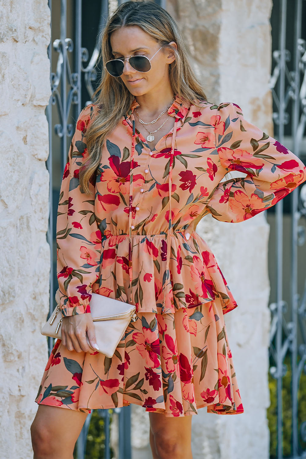 Fiery Red Frilled Collar Long Sleeve Floral Dress with Ruffle Floral Dresses JT's Designer Fashion