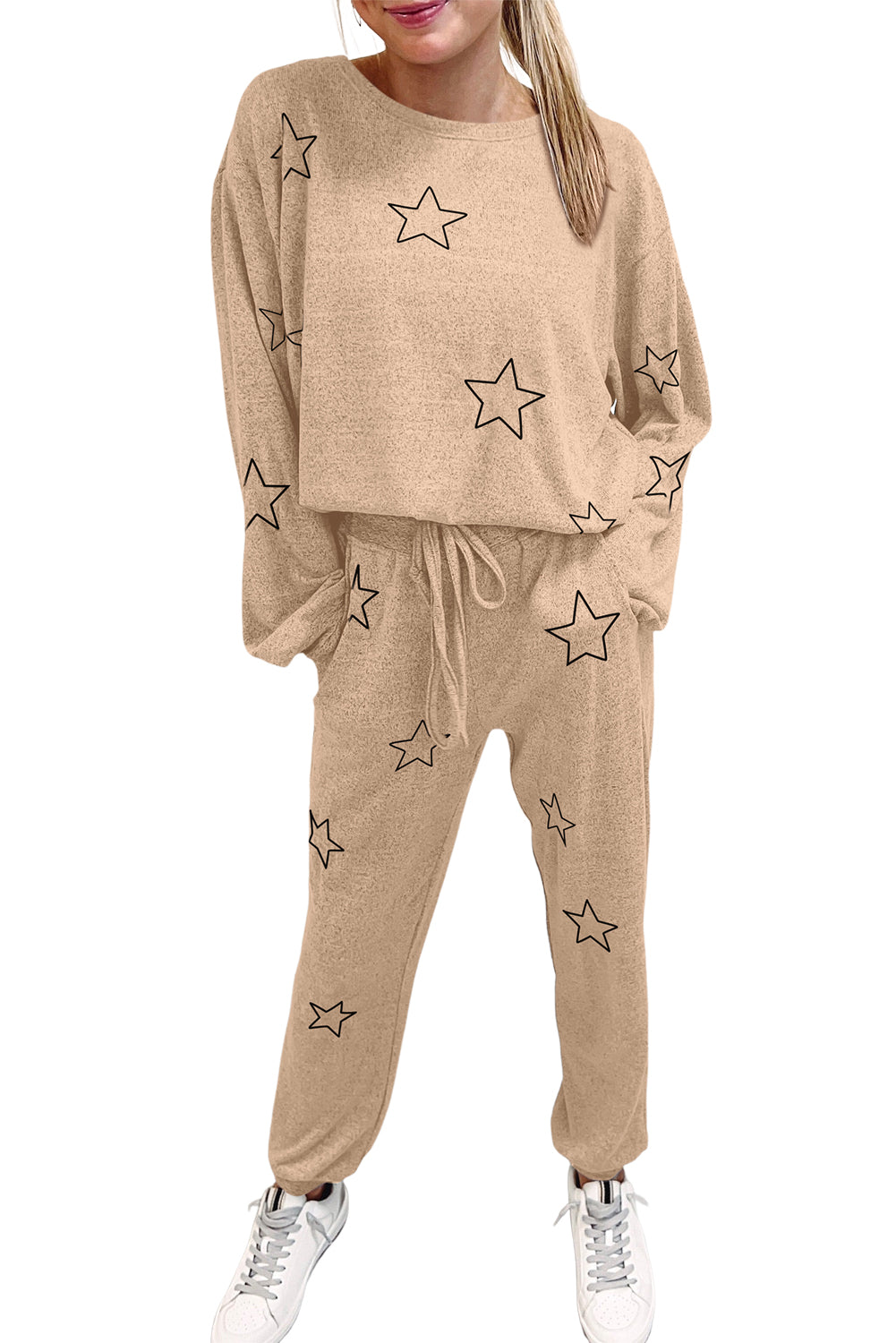 Parchment Stars Print Long Sleeve Drawstring High Waist Lounge Set Bottoms JT's Designer Fashion