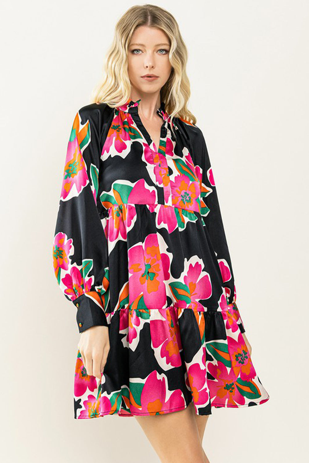 Multicolour Frill Collar Split Neck Long Sleeve Floral Dress Floral Dresses JT's Designer Fashion