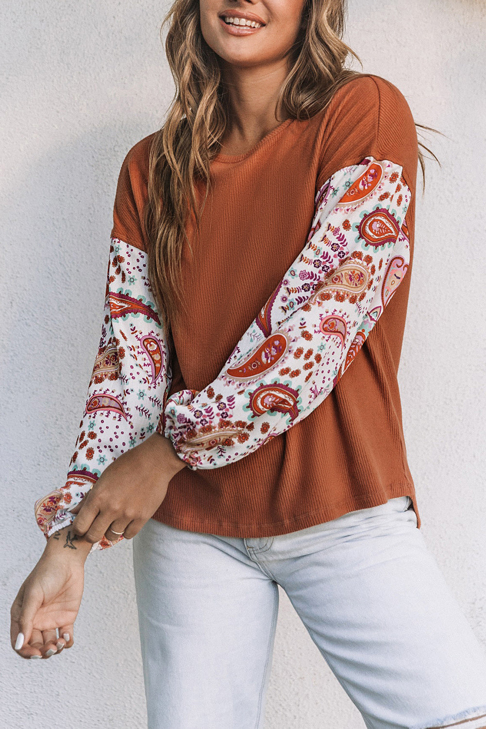 Orange Paisley Contrast Bubble Sleeve Ribbed Top Long Sleeve Tops JT's Designer Fashion