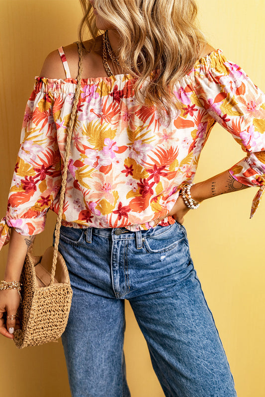 Multicolor Floral Print Shirred Knotted Off Shoulder Blouse Tops & Tees JT's Designer Fashion