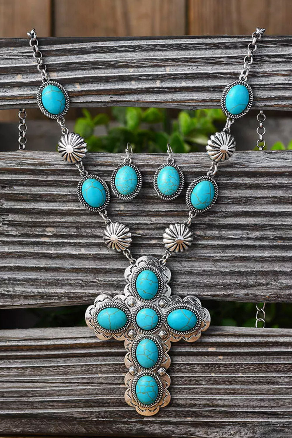 Silver 3Pcs Turquoise Cross Necklace And Earrings Set Jewelry JT's Designer Fashion