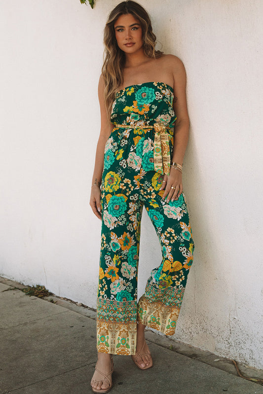 Green Boho Floral Belted Strapless Jumpsuit Green 100%Viscose Jumpsuits & Rompers JT's Designer Fashion