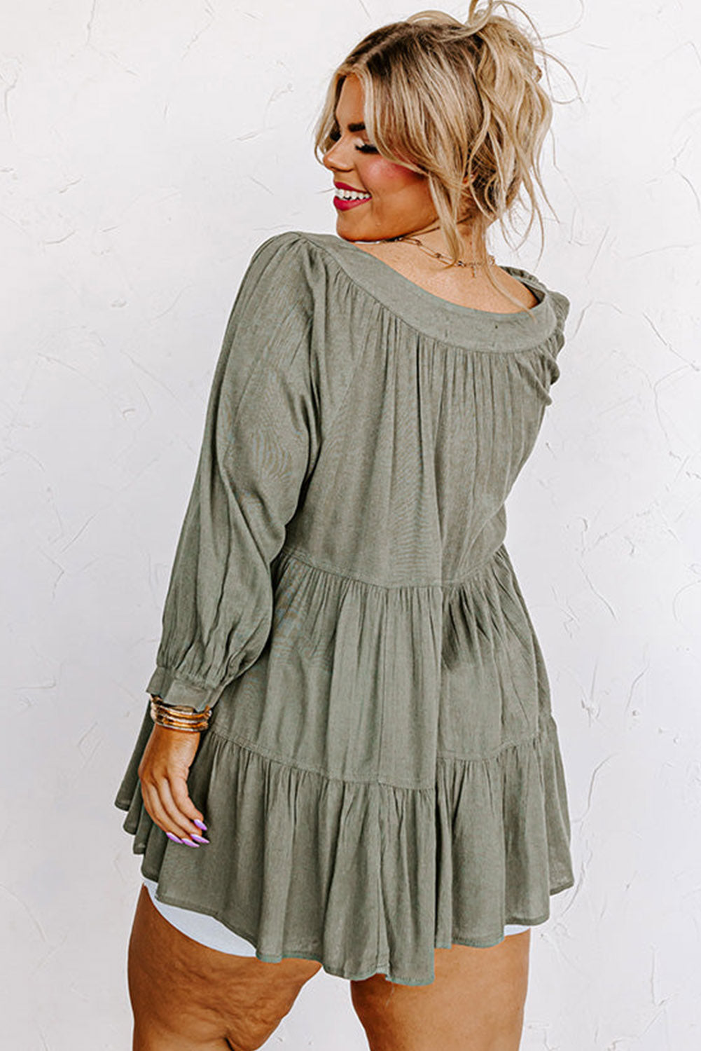 Green Button Down Split Neck Plus Size Ruffle Tiered Shirt Plus Size JT's Designer Fashion