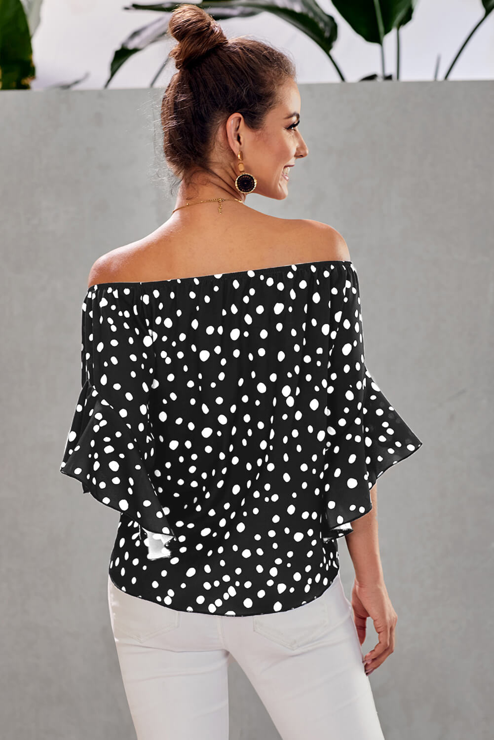 Black Polka Dot 3/4 Bell Sleeve Off Shoulder Front Tie Knot Top Tops & Tees JT's Designer Fashion