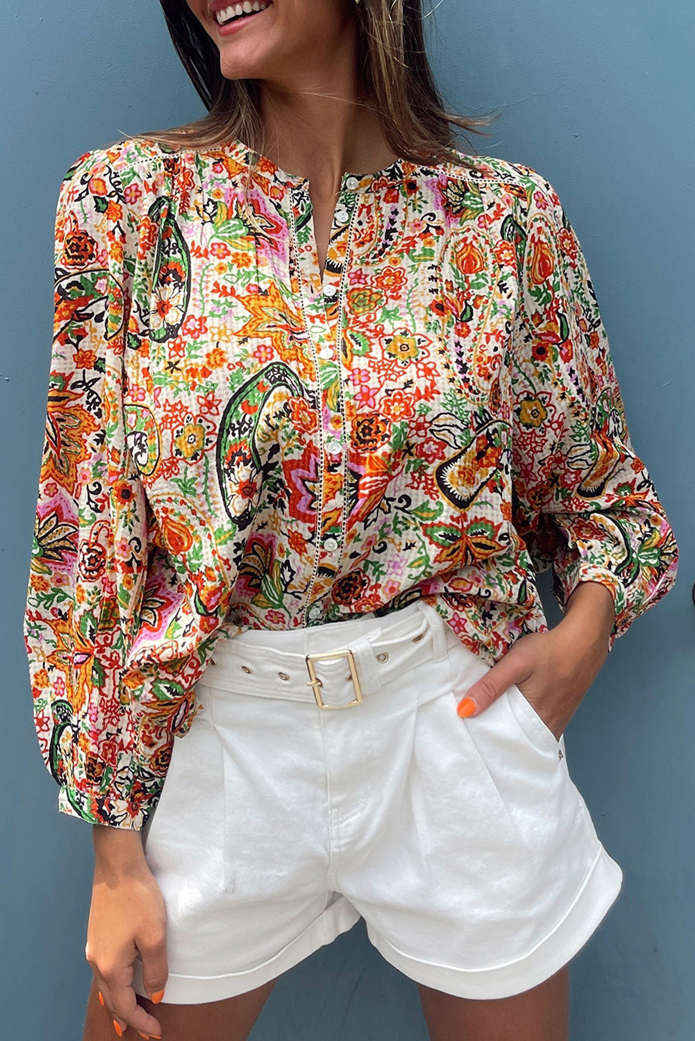 Multicolour Floral Print Lace Splicing Button up Puff Sleeve Shirt Tops & Tees JT's Designer Fashion