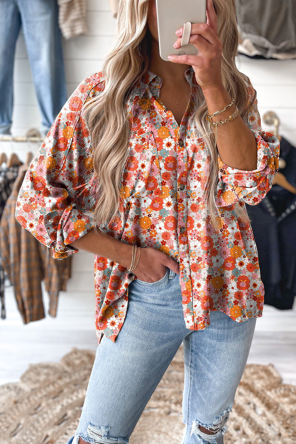 Multicolor Floral Print Chest Pocket Casual Shirt Tops & Tees JT's Designer Fashion