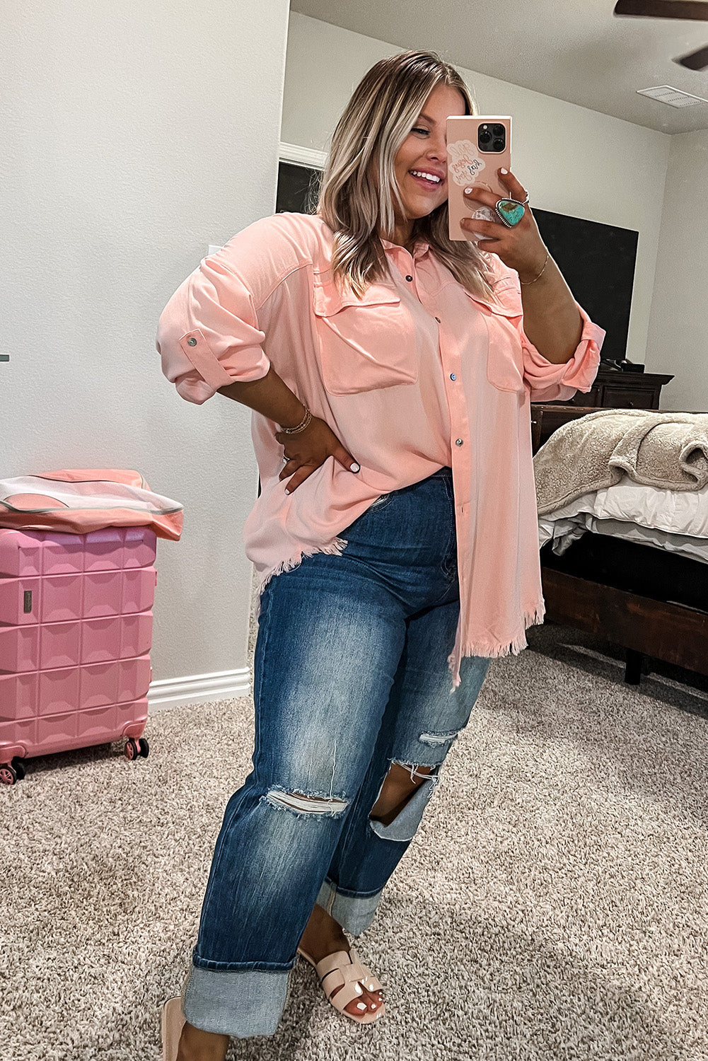 Pink Flap Pocket Tab Sleeve Button-Down Plus Size Shirt Plus Size JT's Designer Fashion