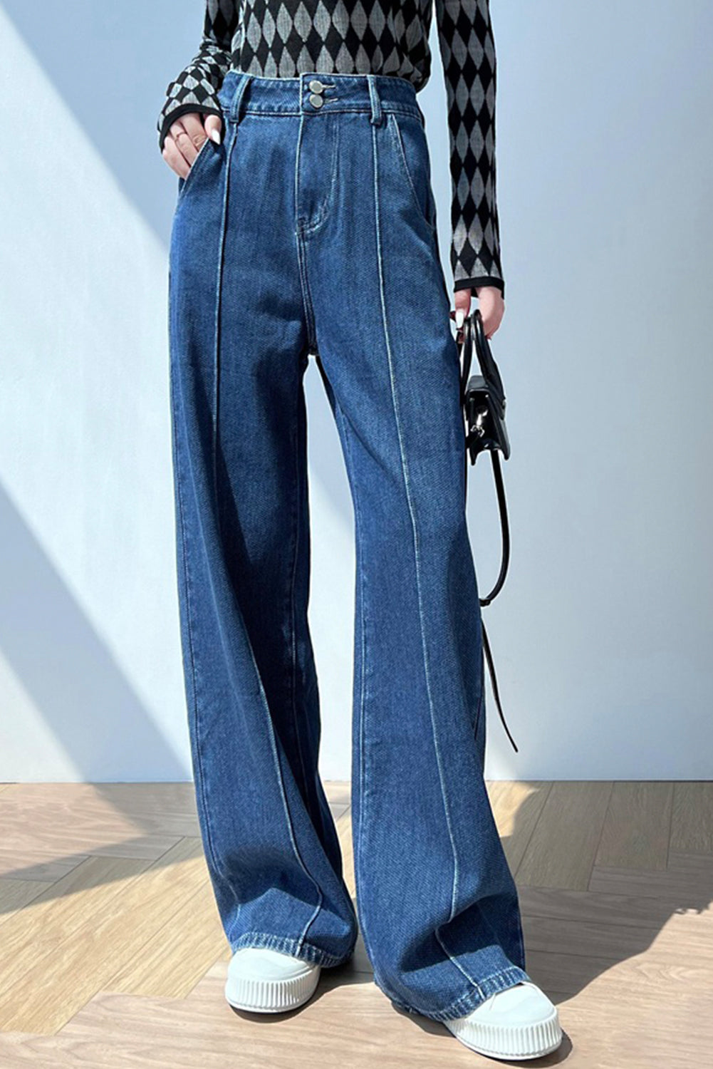 Blue Double Button Wide Leg Jeans Bottoms JT's Designer Fashion