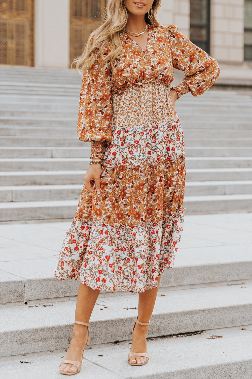 Orange Mix Floral Patchwork Frill Tiered Dress Floral Dresses JT's Designer Fashion