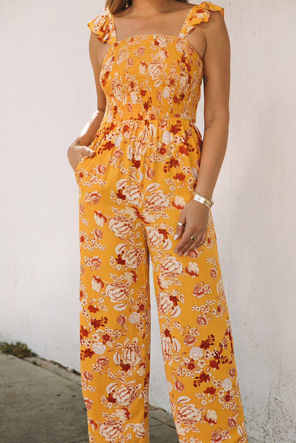 Yellow Floral Print Ruffle Shoulder Smocked Wide Leg Jumpsuit Jumpsuits & Rompers JT's Designer Fashion