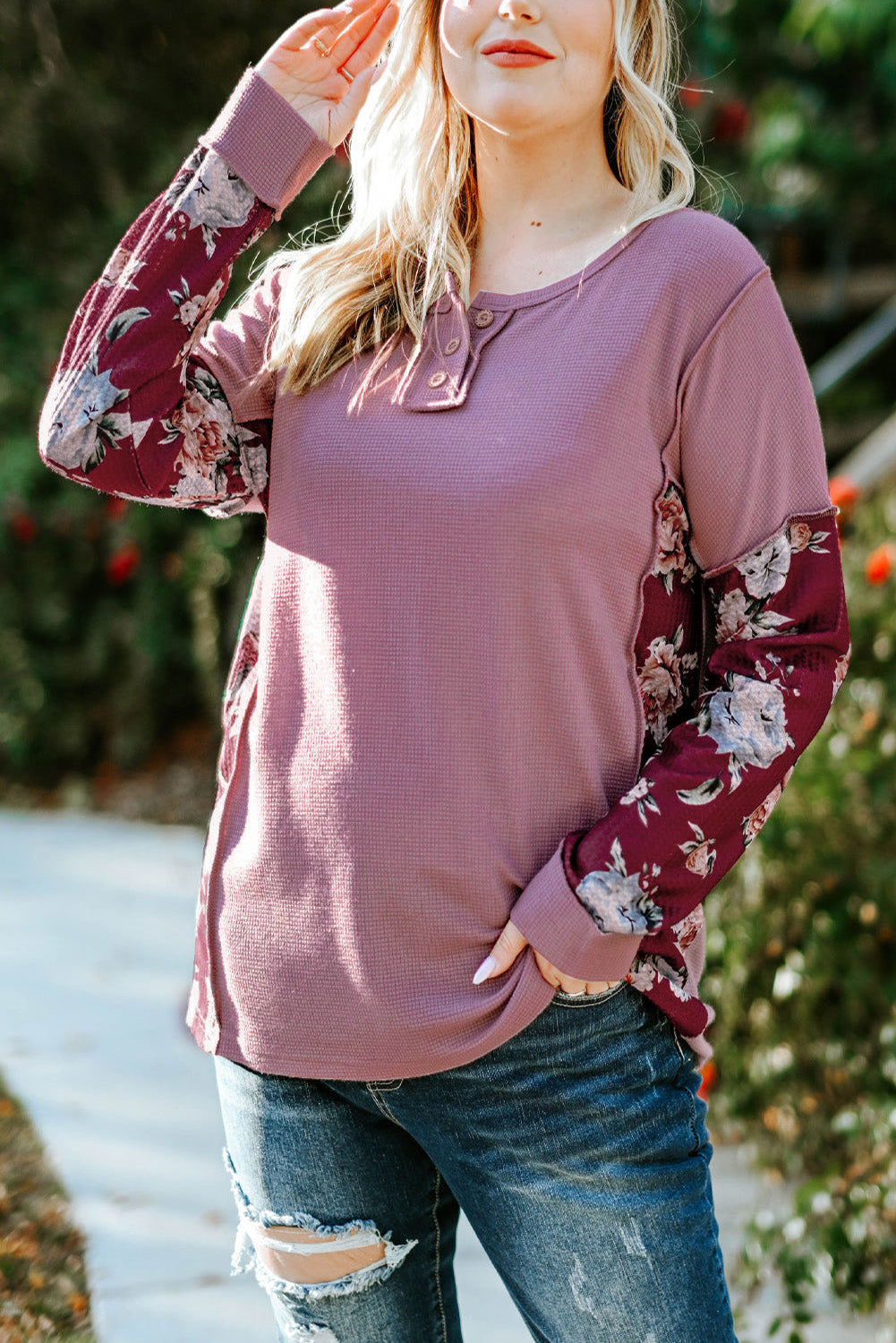 Purple Plus Size Floral Patch Long Sleeve Seamed Henley Top Plus Size JT's Designer Fashion