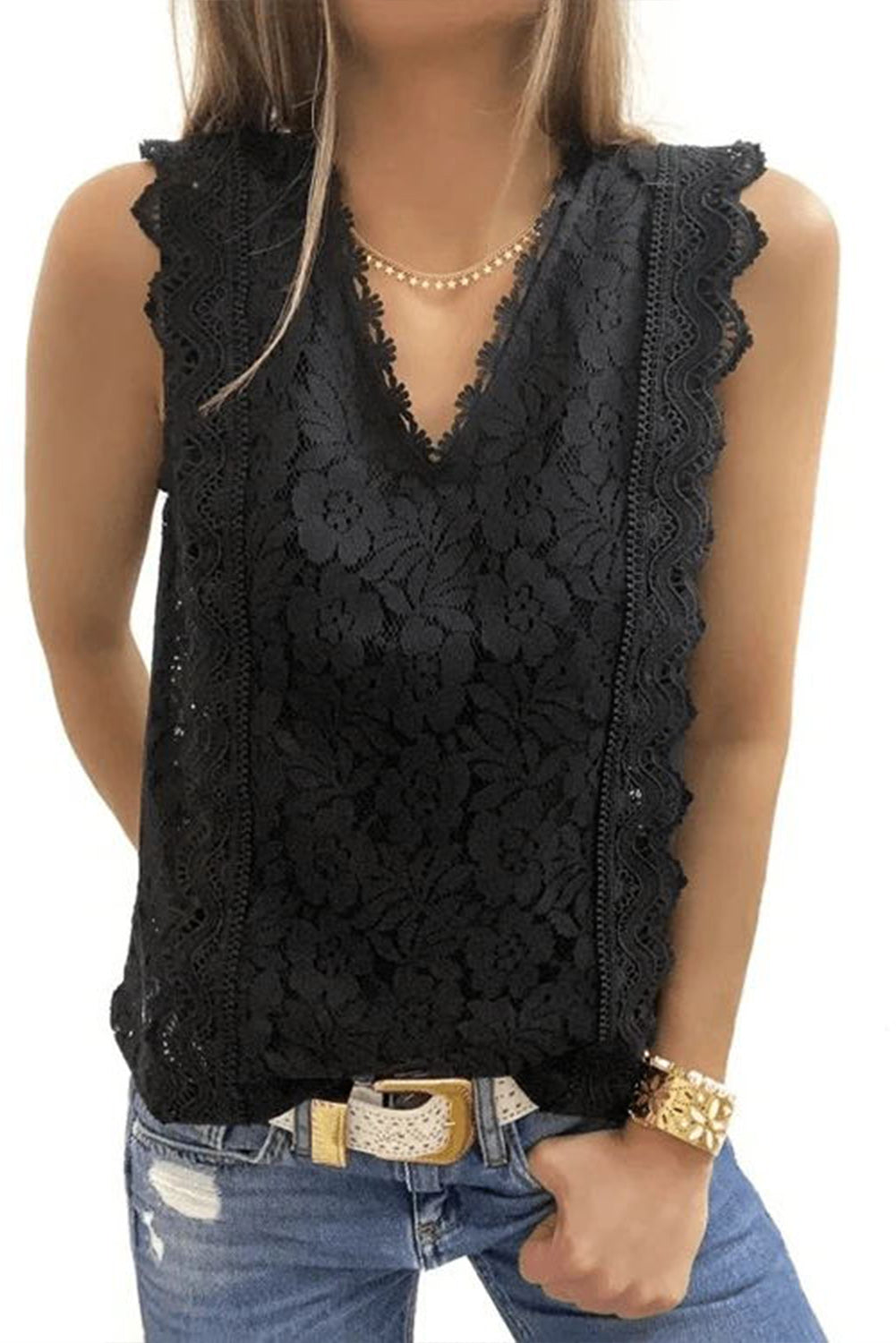 Black Lace V Neck Tank Top Tank Tops JT's Designer Fashion