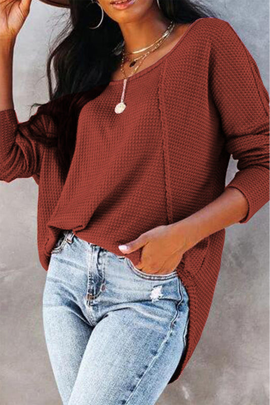 Waffle Knit Splicing Buttons Long Sleeve Top Red 70%Polyester+27%Cotton+3%Elastane Long Sleeve Tops JT's Designer Fashion