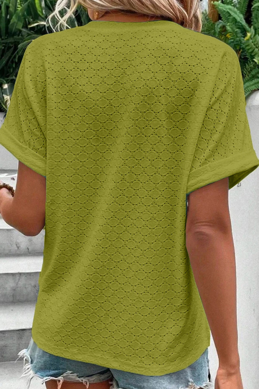 Green Eyelet Button-Accent Notch Neck Top Tops & Tees JT's Designer Fashion