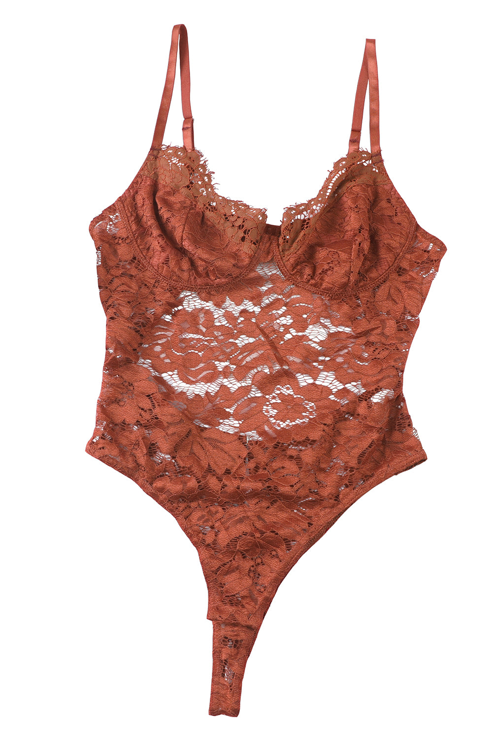 Brown Floral Lace Spaghetti Straps Cut out Back Bodysuit Bodysuits JT's Designer Fashion