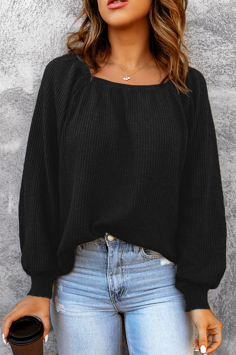 Black Scoop Neck Puff Sleeve Waffle Knit Top Black 95%Polyester+5%Elastane Long Sleeve Tops JT's Designer Fashion