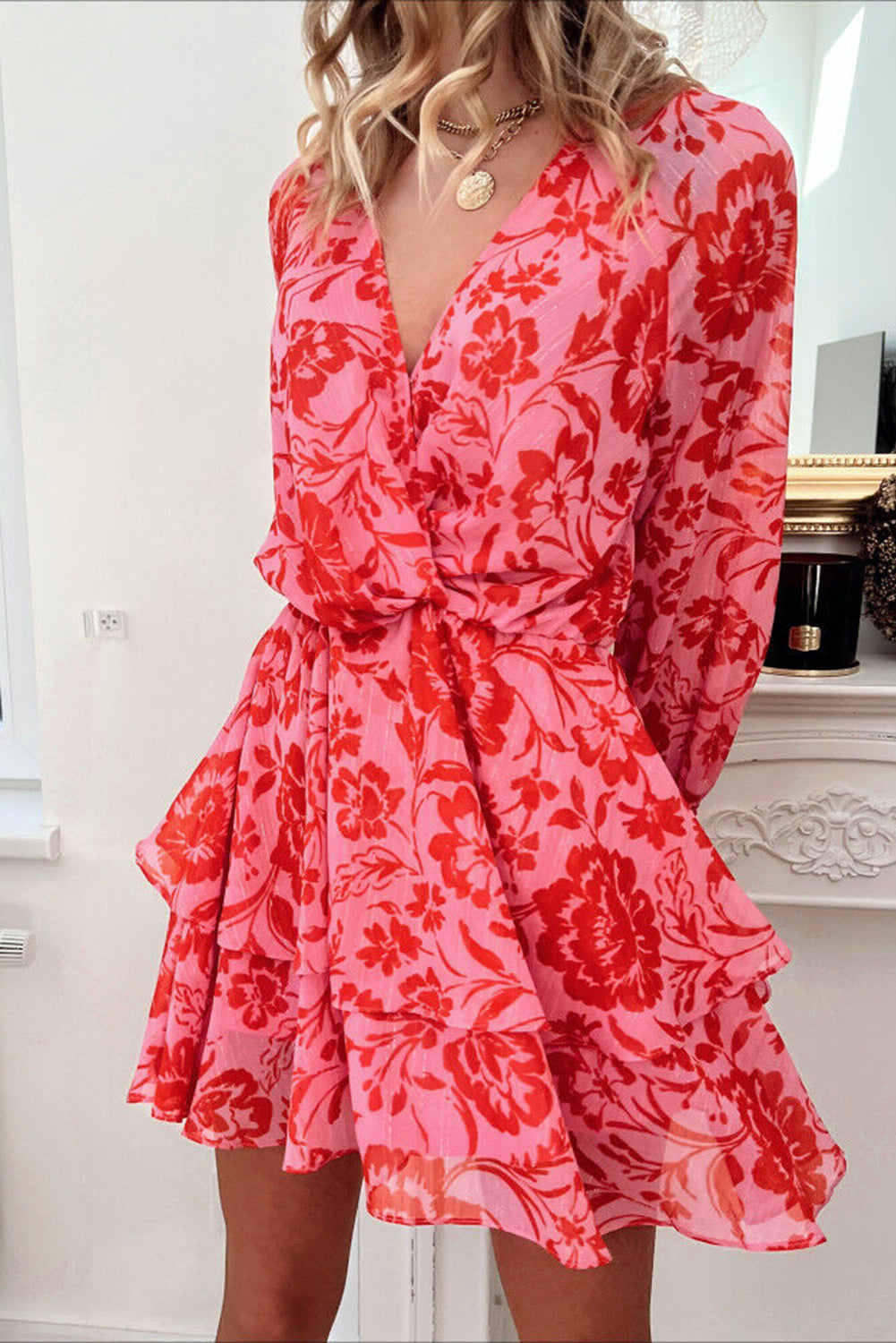 Red Floral Ruffle Layered Puff Sleeve Surplice Dress Dresses JT's Designer Fashion