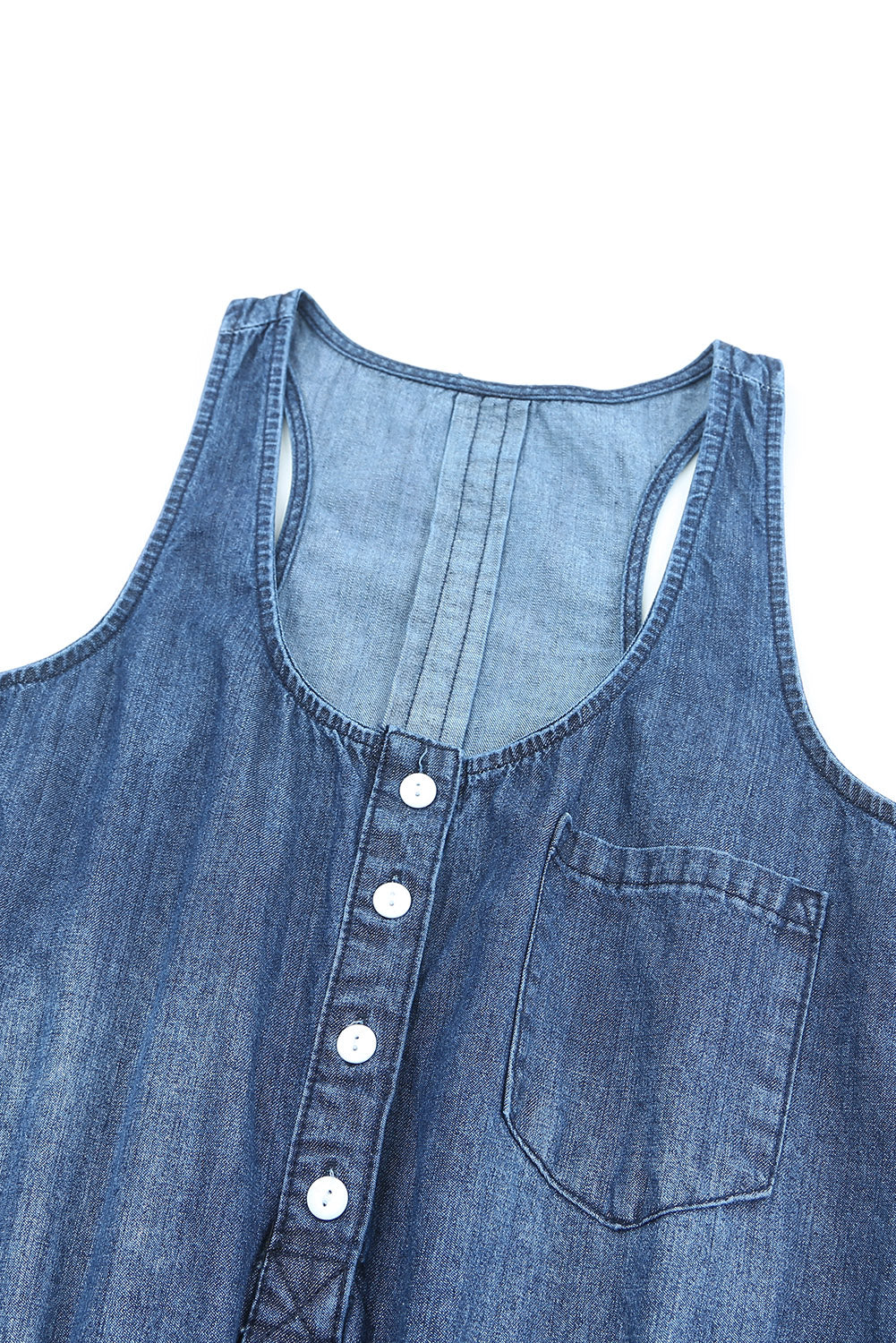 Blue High Waist Buttons Sleeveless Denim Romper Jumpsuits & Rompers JT's Designer Fashion