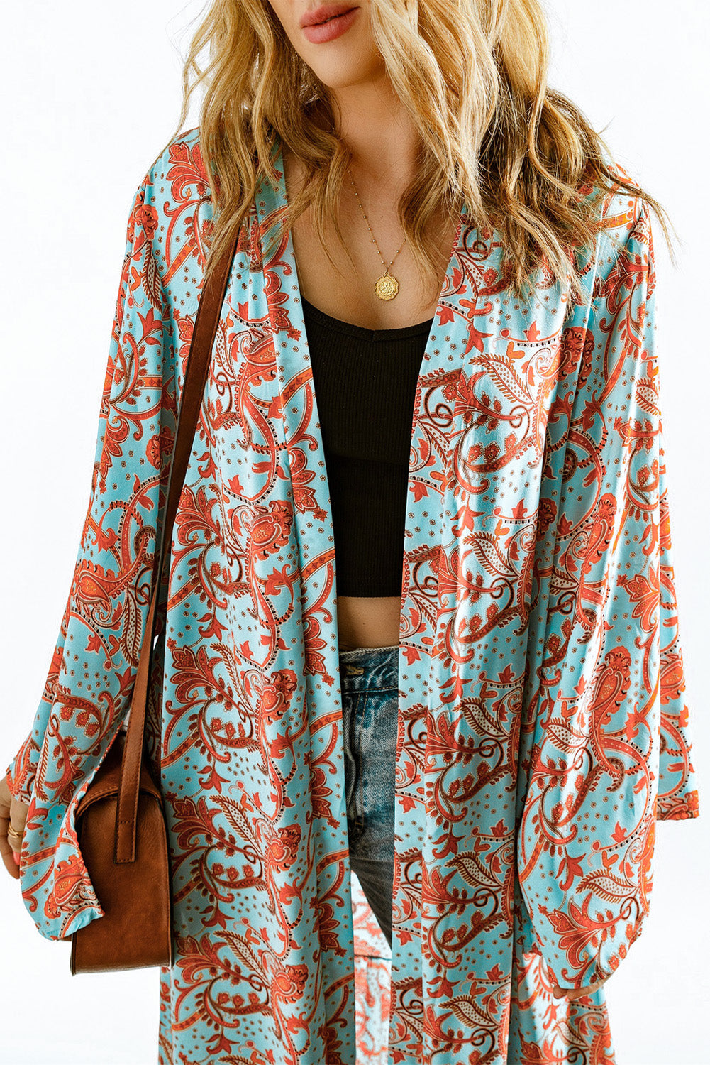 Sky Blue Boho Retro Floral Print Long Sleeve Oversized Kimono Kimonos JT's Designer Fashion