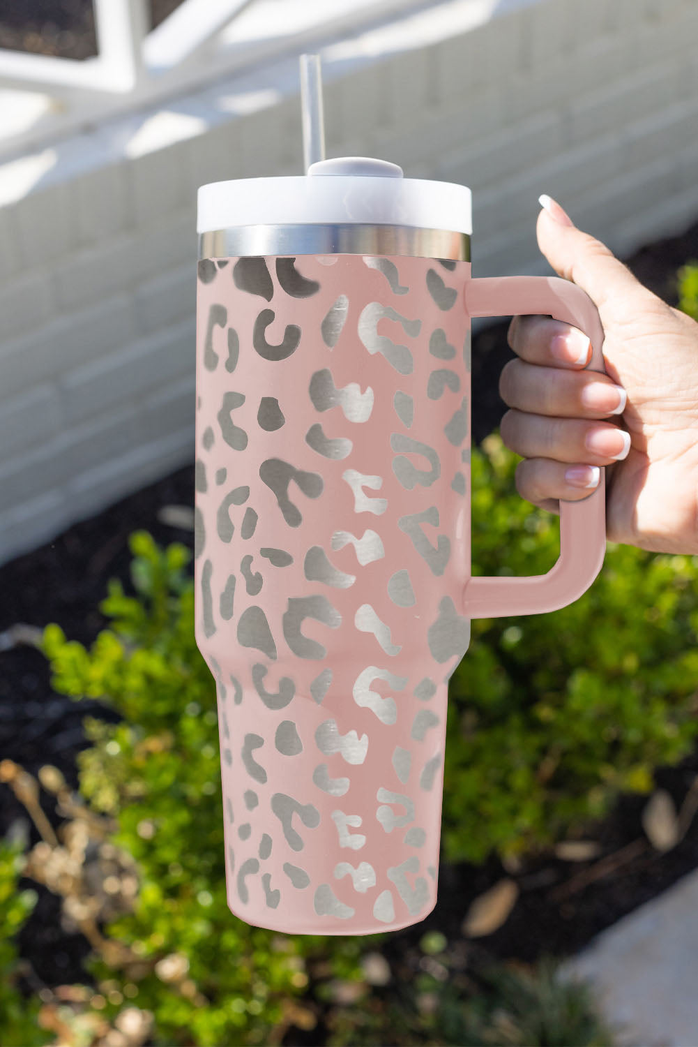 Pink Leopard Print 40OZ Stainless Steel Portable Cup with Handle Tumblers JT's Designer Fashion