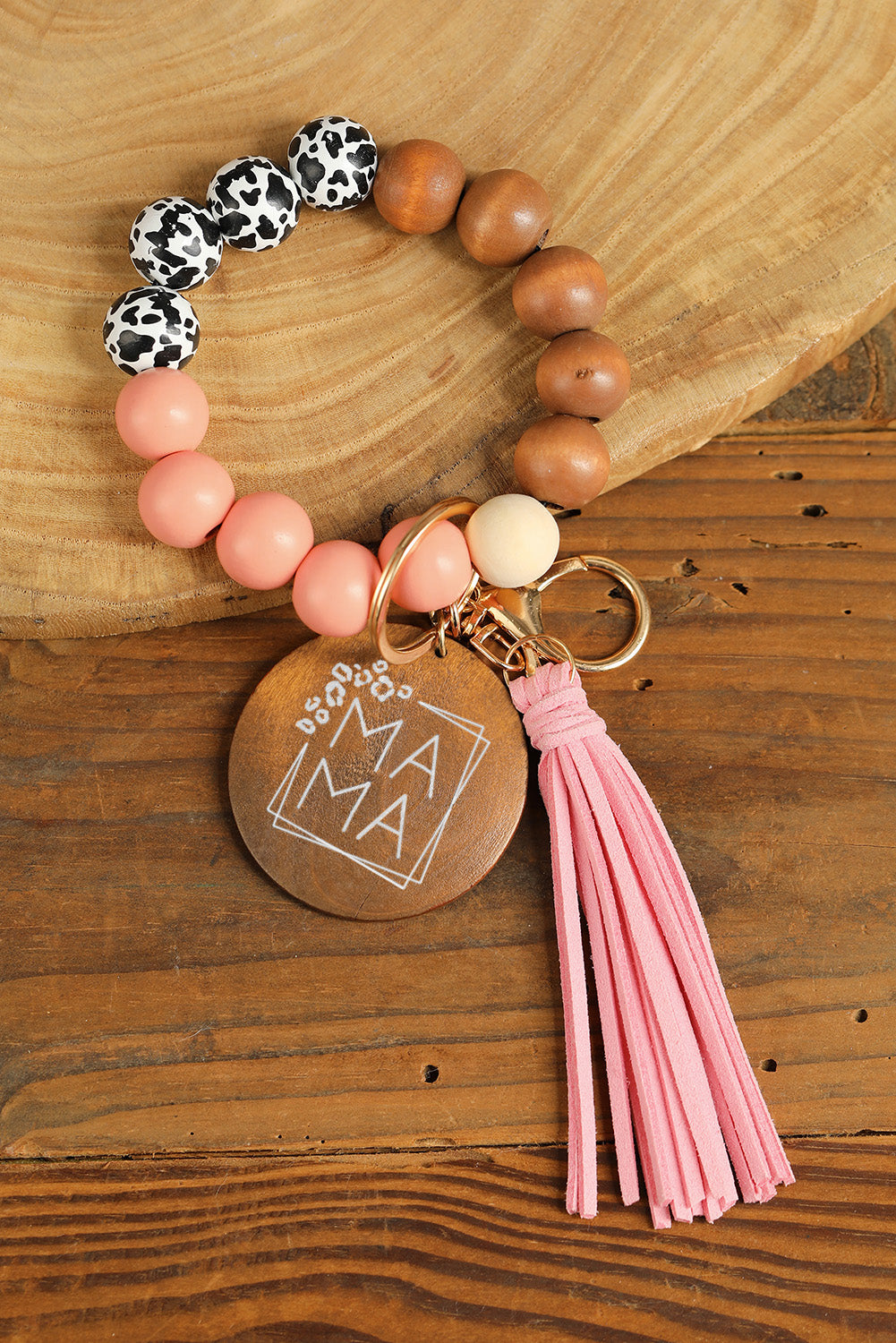 Pink MAMA Wood Pendant Leopard Fringe Keychain Other Accessories JT's Designer Fashion