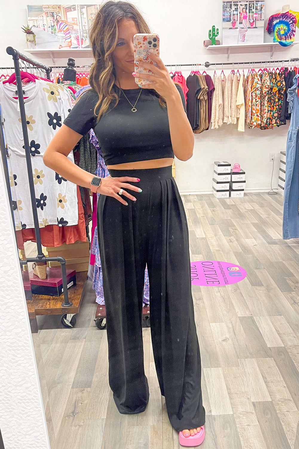 Black Solid Color Slim Fit Crop Top and Wide Leg Pants Set Bottoms JT's Designer Fashion