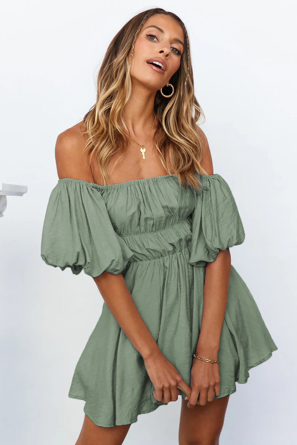 Green Shirred Bubble Sleeve Off Shoulder Babydoll Dress Mini Dresses JT's Designer Fashion