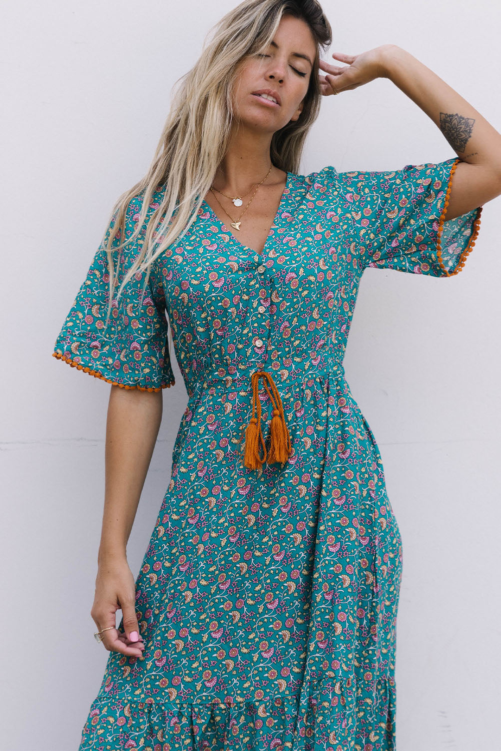 Sky Blue Wrap V Neck Lace-up High Waist Floral Dress Floral Dresses JT's Designer Fashion