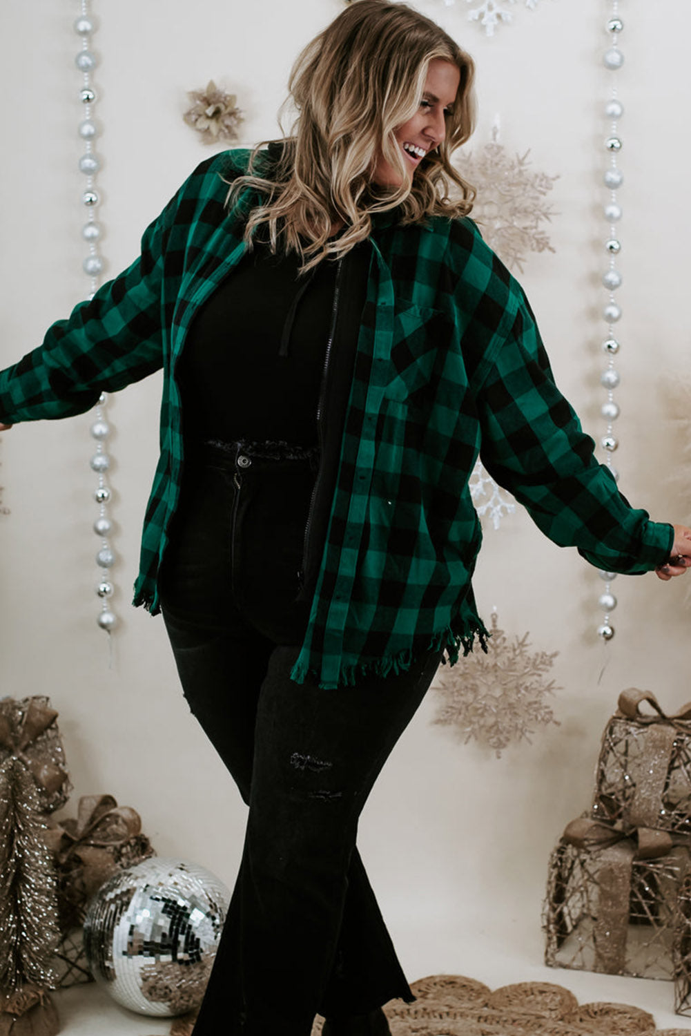 Blackish Green Plus Size Plaid Hooded Distressed Zip-Up Jacket Plus Size JT's Designer Fashion