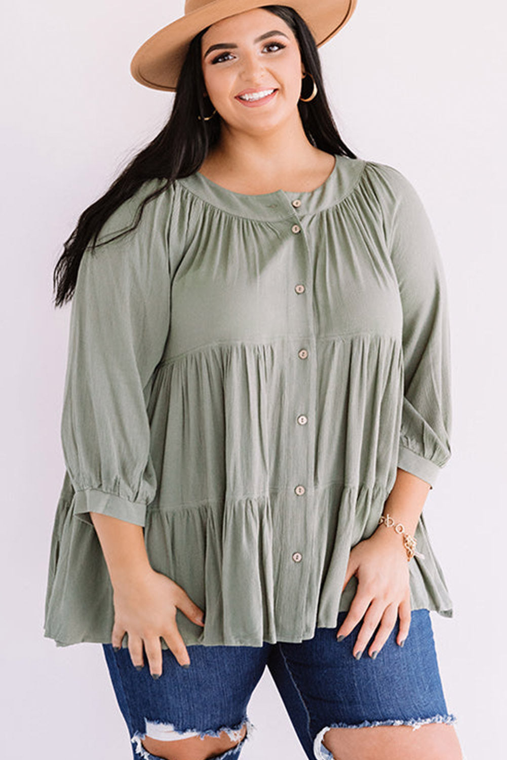 Green Button Down Split Neck Plus Size Ruffle Tiered Shirt Plus Size JT's Designer Fashion